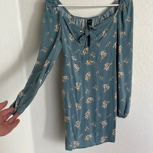 Blue Floral Long Sleeve Off The Shoulder Dress